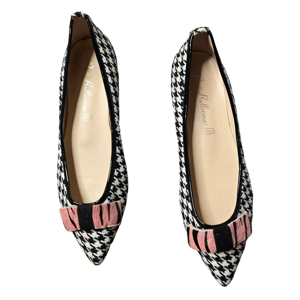 Pretty‎ Ballerinas Houndstooth Point Toe Flats W/ Pink Bow Size: 38